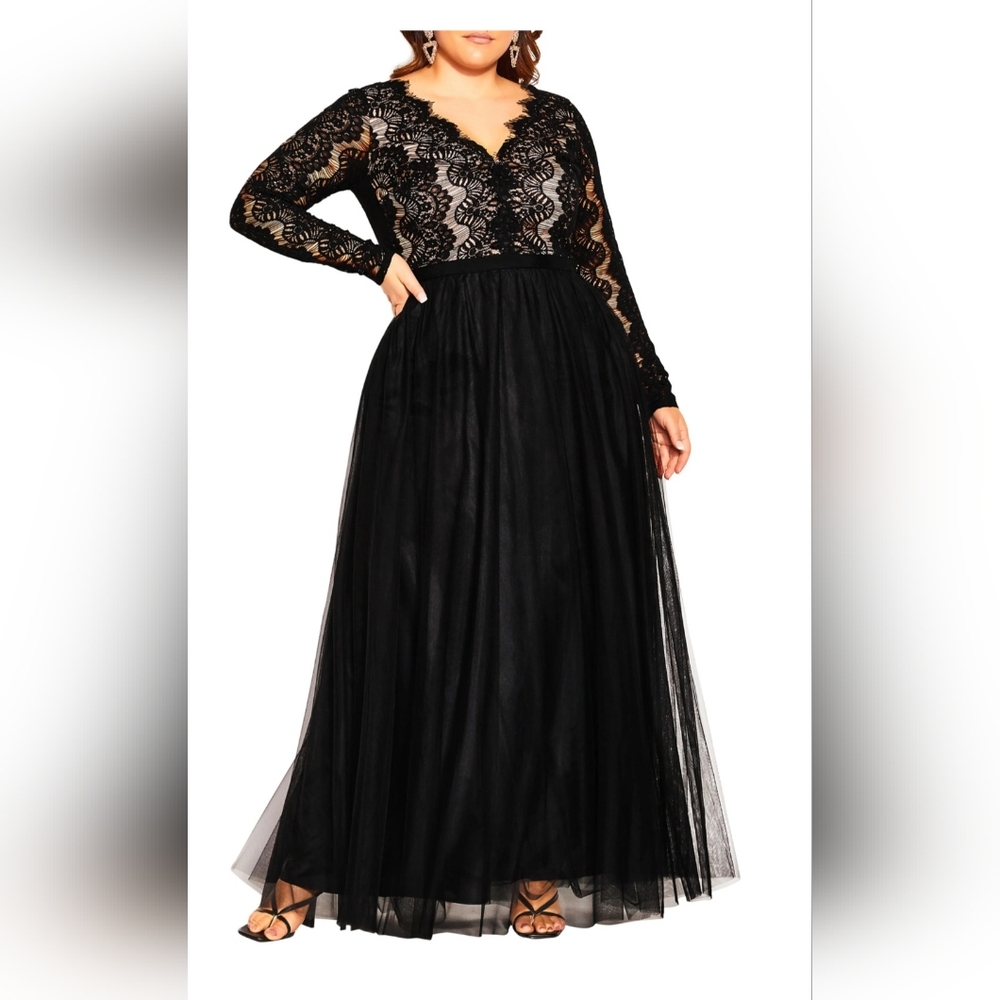 Black Long sleeve lace and mesh evening gown.